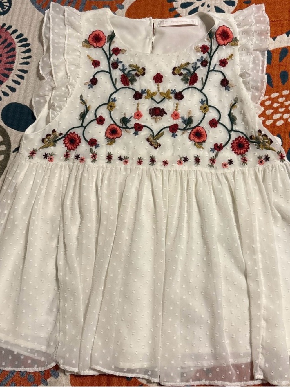 Zara White floral embroidered babydoll top with polka dots